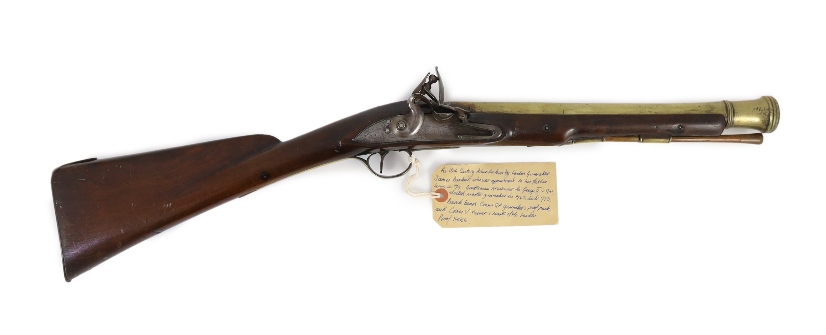 An 18th century James Barbar flintlock blunderbuss 75cm.